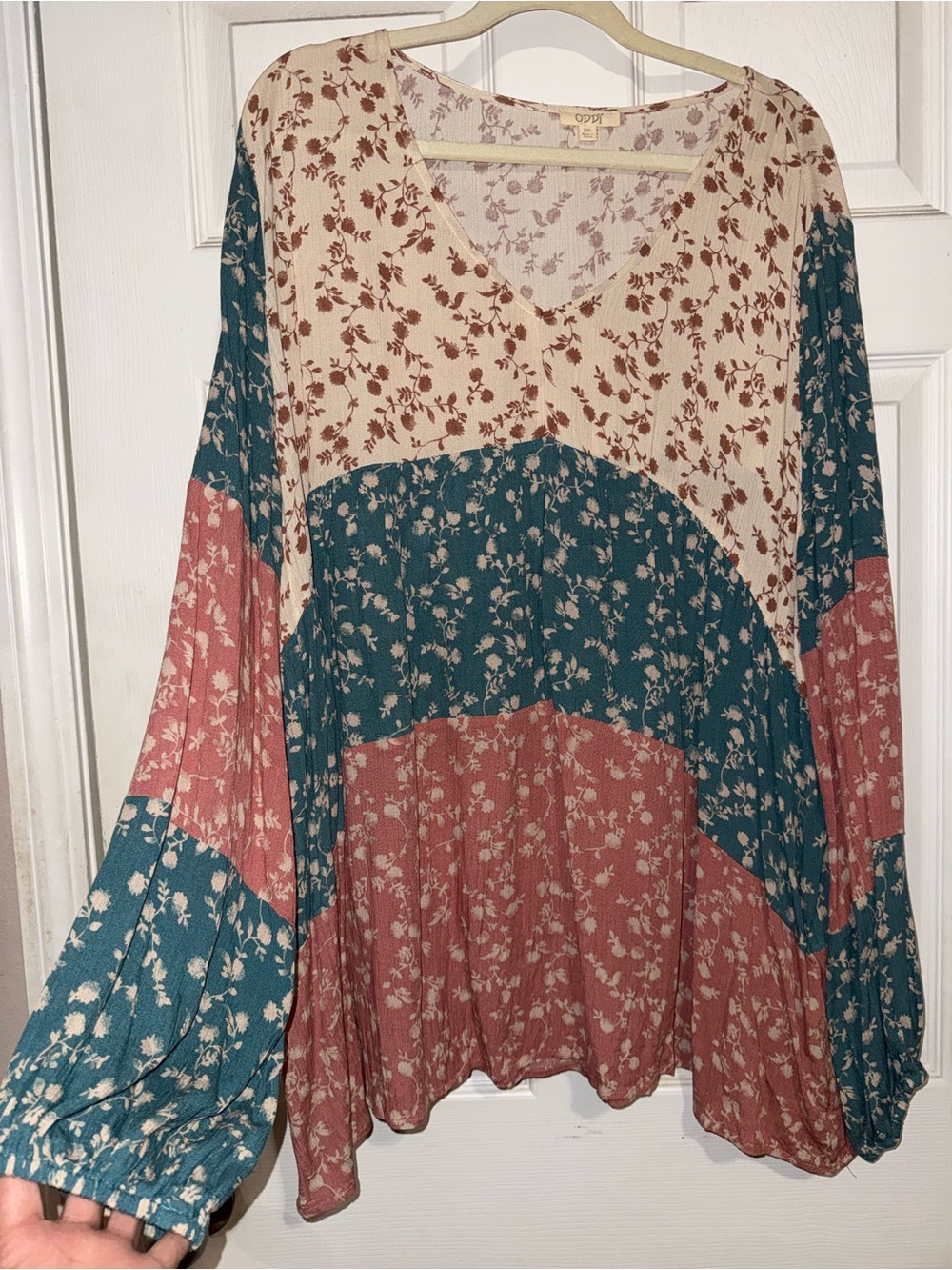 Patchwork Floral V-Neck Blouse in Teal, Rust & Cream